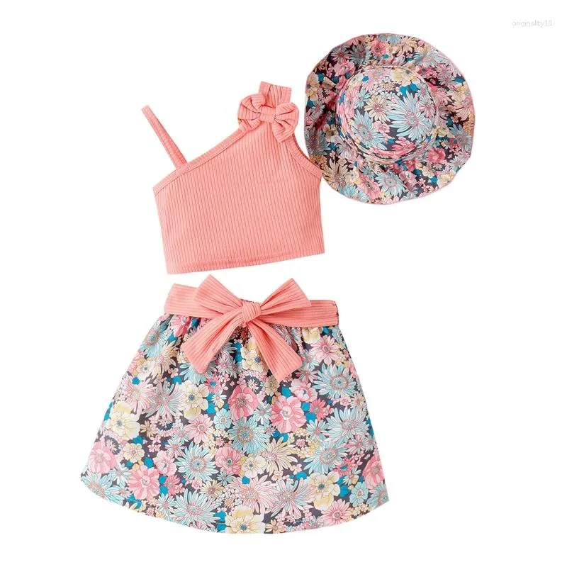 Clothing Sets Kids Girls Skirt Outfit Set Summer Clothes Camisole Tank Top With Flower Print Belt And Hat