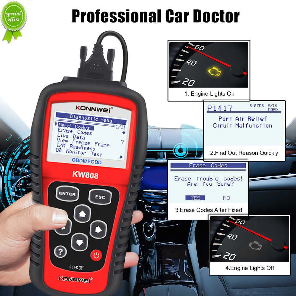 OBD2 -scanner Konnwei KW808 Automotive Diagnostische tool OBD 2 Auto Scanner Engine Code Reader Ondersteuning kan J1850