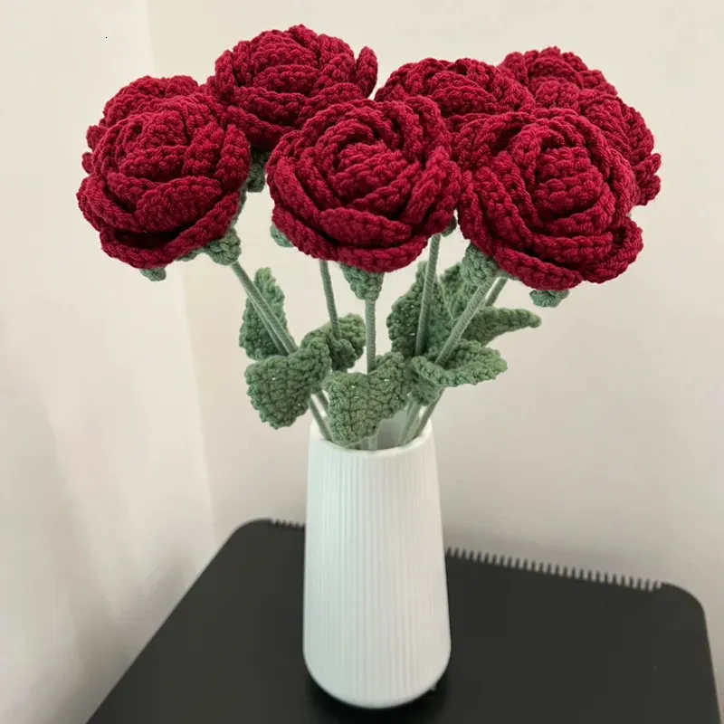 Decorativo 1 moderno ed elegante fiore simulato decorazione della casa tavolo da pranzo lavorato a maglia rosa bouquet singolo fiore artificiale di nozze 231121