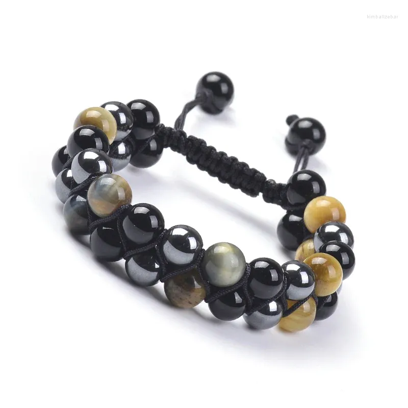 Bracelet réglable en perles d'oeil de tigre multicolores lisses rondes à deux couches de 8 mm et hématite en pierre d'onyx noir