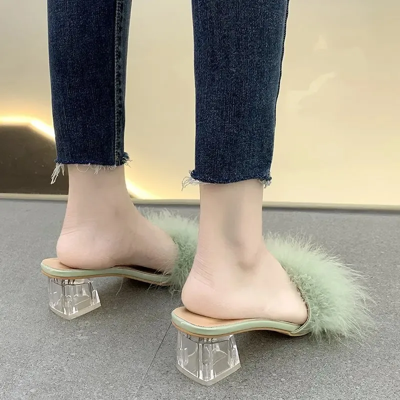 Womens Pink Fluffy High Heel Sandals Elegant Fur Feather Wedding Shoes Summer Fashion Peep Toe Slip On Square Toe Heels