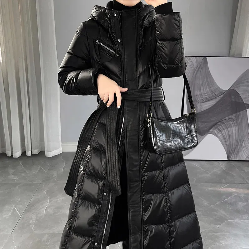 Women's Down Parkas Ladies winter long down jacket high grade zipper belt black navy blue coat 231120