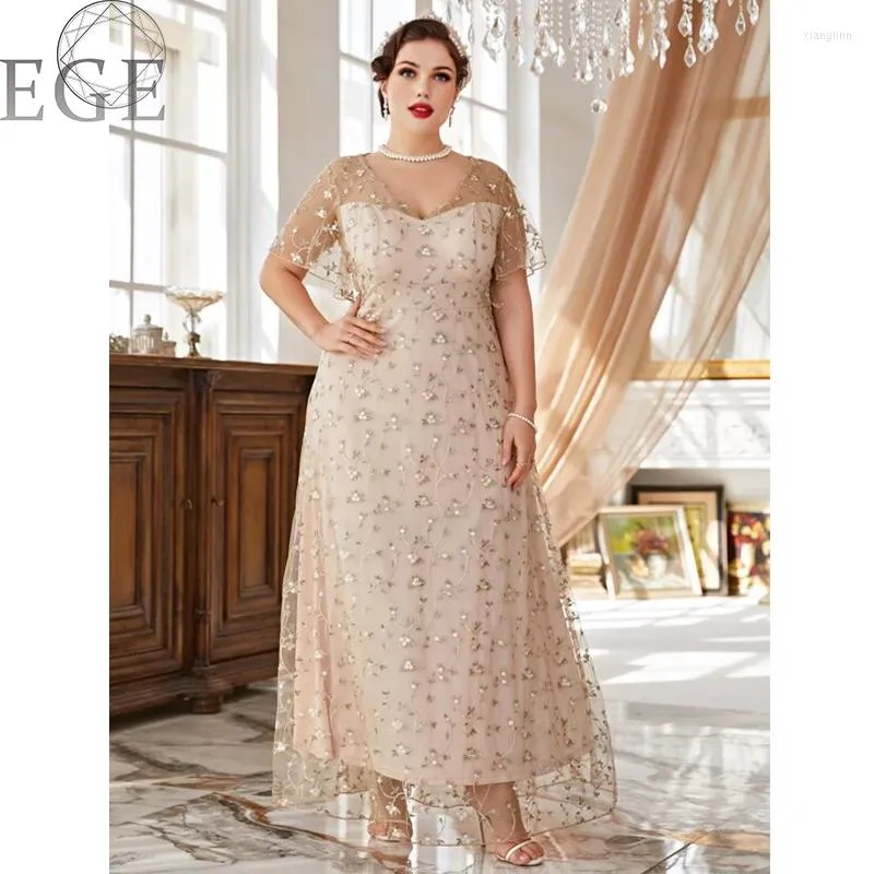 Plus Size Dresses 4XL5XL Embroidered Lace Chiffon Dress Apricot Banquet Party Wedding V Neck Short Sleeves Maxi