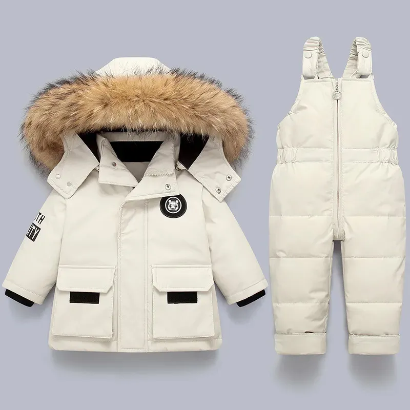 다운 코트 어린이 의류 세트 2pcs 베이비 겨울 따뜻한 재킷 소년 두껍게 한 jumpsuit 유아 바지 여자 옷 아이 스노우 슈트 231121