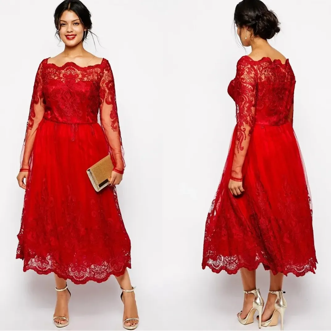 Rote, volle Spitze, Übergröße, formelle Kleider, transparentes Bateau-Langarm-Abschlussball-Abendkleid, Tee-Länge, A-Linie, Mutter der Braut