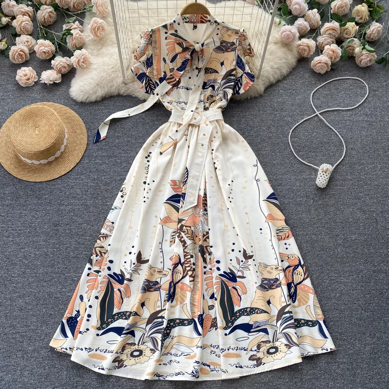 French gentle style dress ladies' fashionable temperament printed super immortal large swing A-line long skirt lace up waist up dress