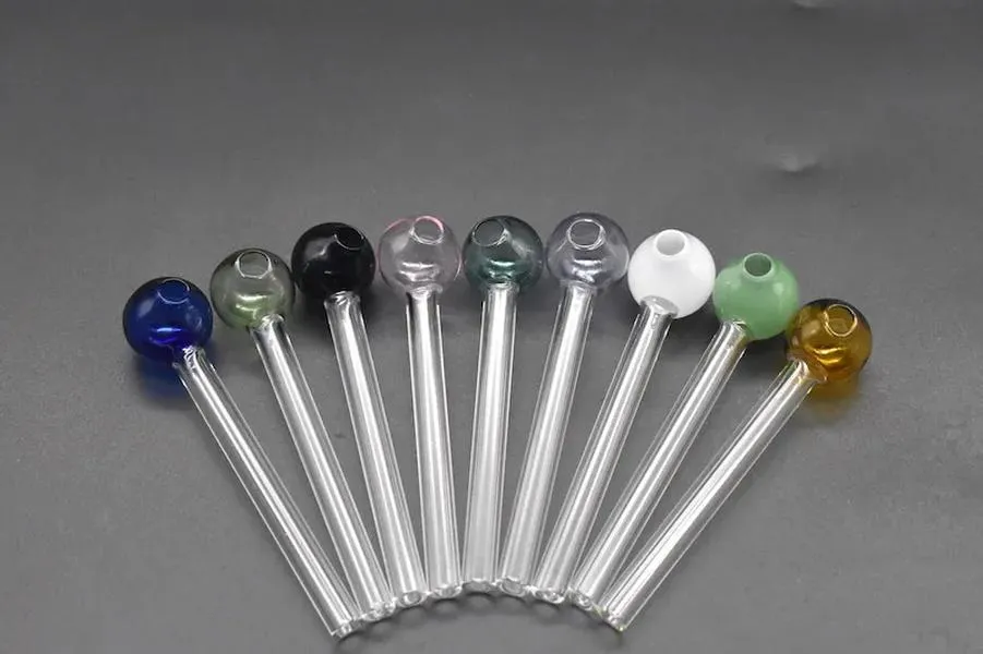 Le moins cher Pyrex verre brûleur à mazout tuyau verre clair brûleur à mazout couleur boule 10mm de long grand tube verre tuyau huile ongles main pipe 10pcs BJ