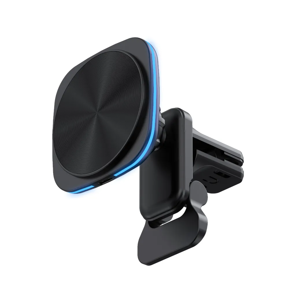 Biltelefonhållare laddare 15W Magnetic Air Vent Clip Mount Wireless Charger med blå lysdioder