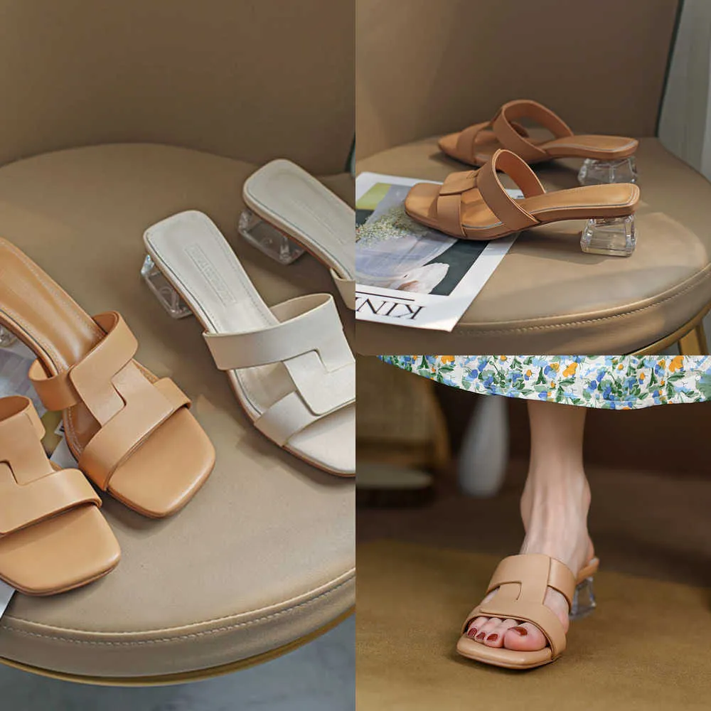 Sandalias nuevas para mujer, zapatos de tacón claros de diseñador de cuero, zapatos de mujer, sandalias clásicas de tacón grueso con punta cuadrada, sandalias femeninas abiertas 230322