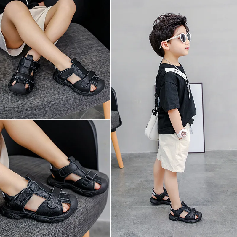 Sandals Children Sandals Summer Genuine Leather Sandal Boys Summer Holiday Beach Sandals Baby Toe Protection Running Shoes 230421