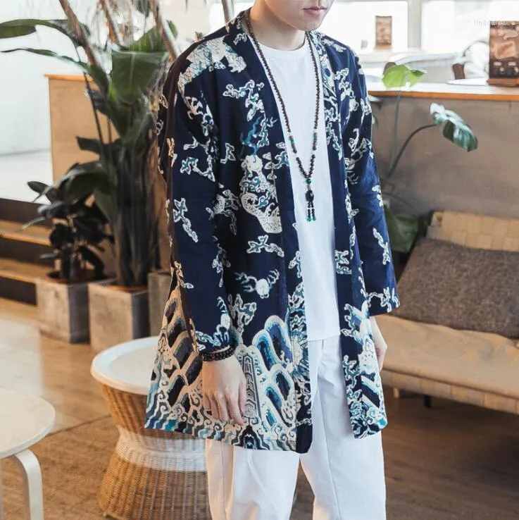 Herren Jacken #4210Frühling 2023 Hanfu Jacke Herren Langärmlig Lässig Vintage Mantel Strickjacke Kimono Lose Bedruckte Baumwolle Leinen