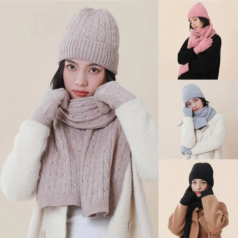 스카프 여성 양모 모자 장갑 스카프 ​​세트 3pcs 두꺼운 목 따뜻한 비니 단단한 겨울 니트 넥 커키.