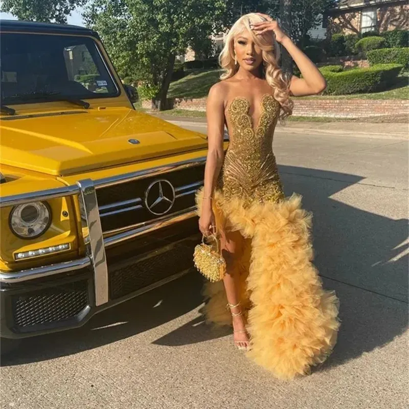 gold tutu prom dress Beaded Prom Gowns: Elegant Gold and Black Princess Evening Dress with  Ruffled Tutu Skirt