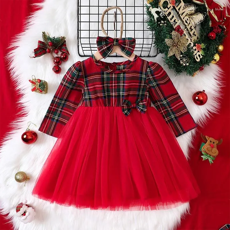 Robes de soirée pour filles de 0 à 4 ans, robe de princesse, manches longues, Tutu en Tulle à carreaux rouges avec bandeau, ensembles de vêtements pour enfants