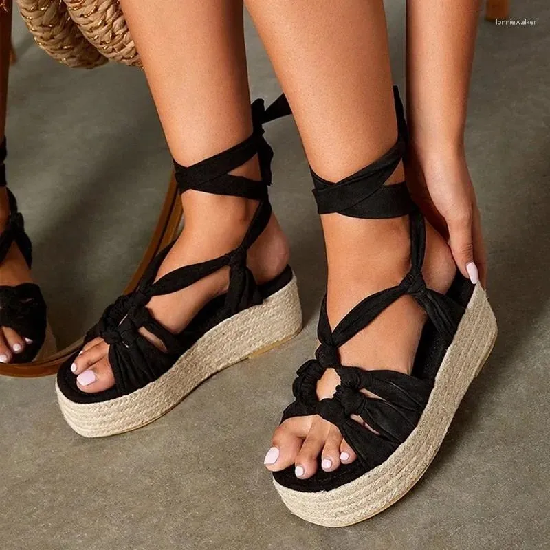 Sandals Black Rope Flat Platform Lace Up Round Toe Weave Braid Wedge Espadrille Casual Summer Shoes Size42