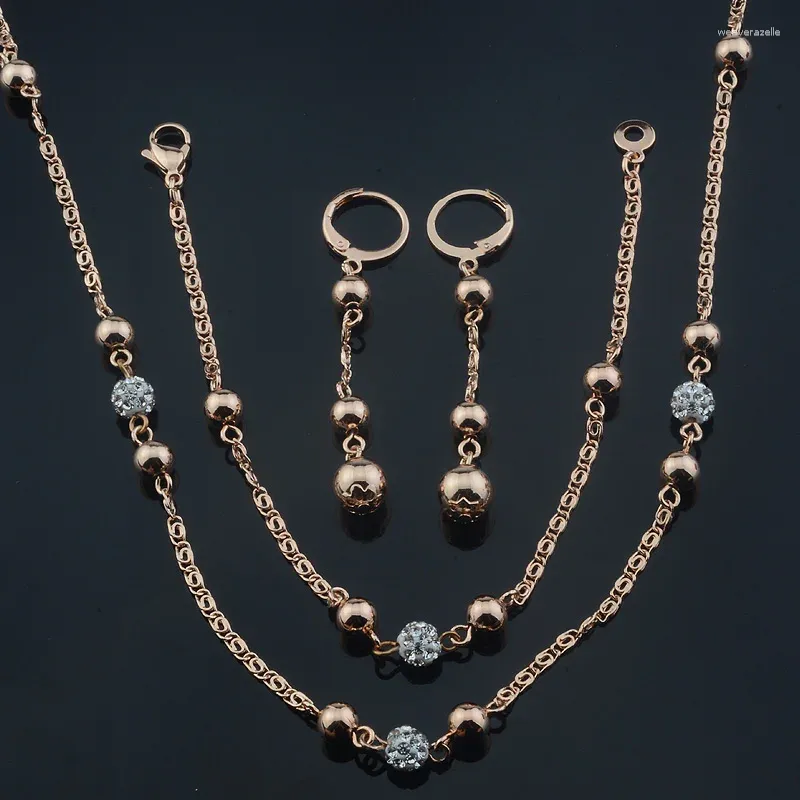 Necklace Earrings Set Women Bead Cubic Zircon Ball 585 Rose Gold Color Jewelry Bracelet