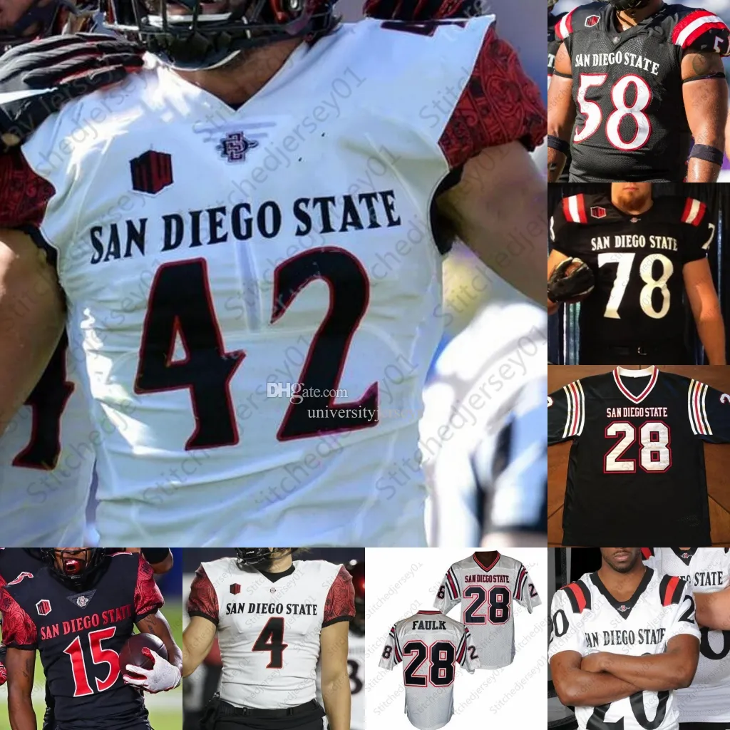 Anpassad San Diego State Aztecs Football Jersey 68 Myles Cheatum 65 Cameron Thomas 45 Jesse Matthews 9 Ryan Agnew 28 Marshall Faulk College Blank Football Jersey