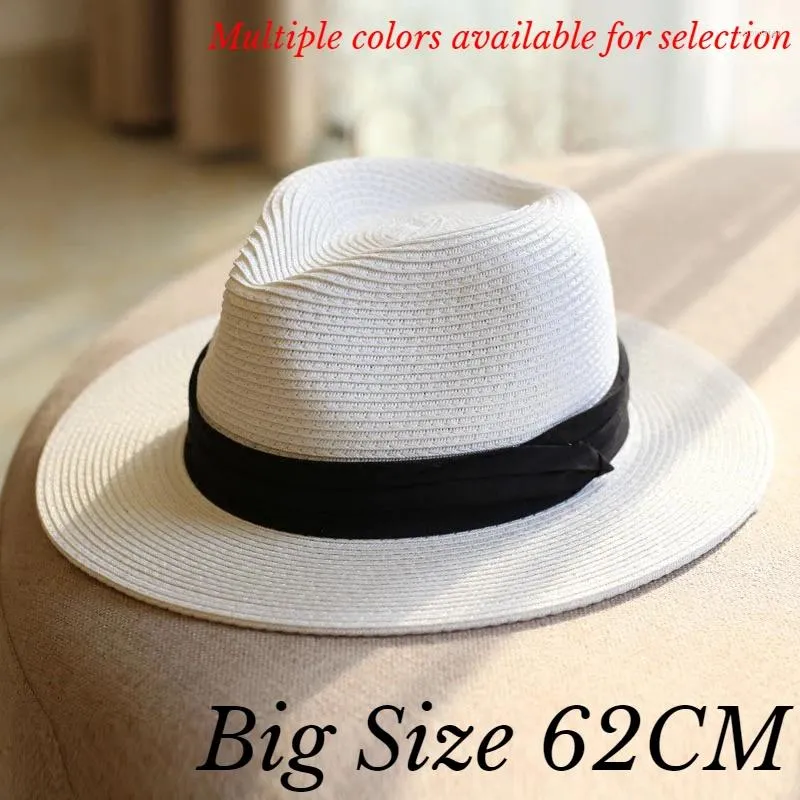 Berets Cabeça Grande 62cm Chapéu de Palha Panamá com Tecido Dobrável Plus Size Homens Jazz Top Proteção Solar Sombreamento