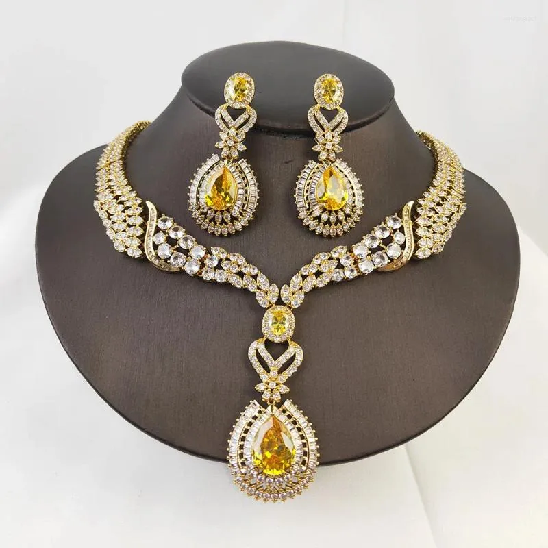 Necklace Earrings Set 2023 Fashion Retro Luxury Blue Yellow Red Zircon Drops Bride Wedding Dress Banquet Earring Jewelry