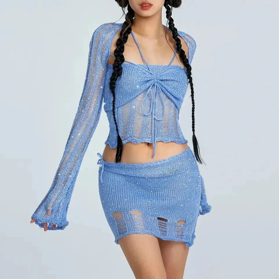 Two Piece Dress Crochet Knitted Sequin Dress Skirt Sets Summer Women Slim  Sheath Mini Dress V-Neck Sleeveless 18-24 from Dhgate Two Piece Dress -  price 47.64