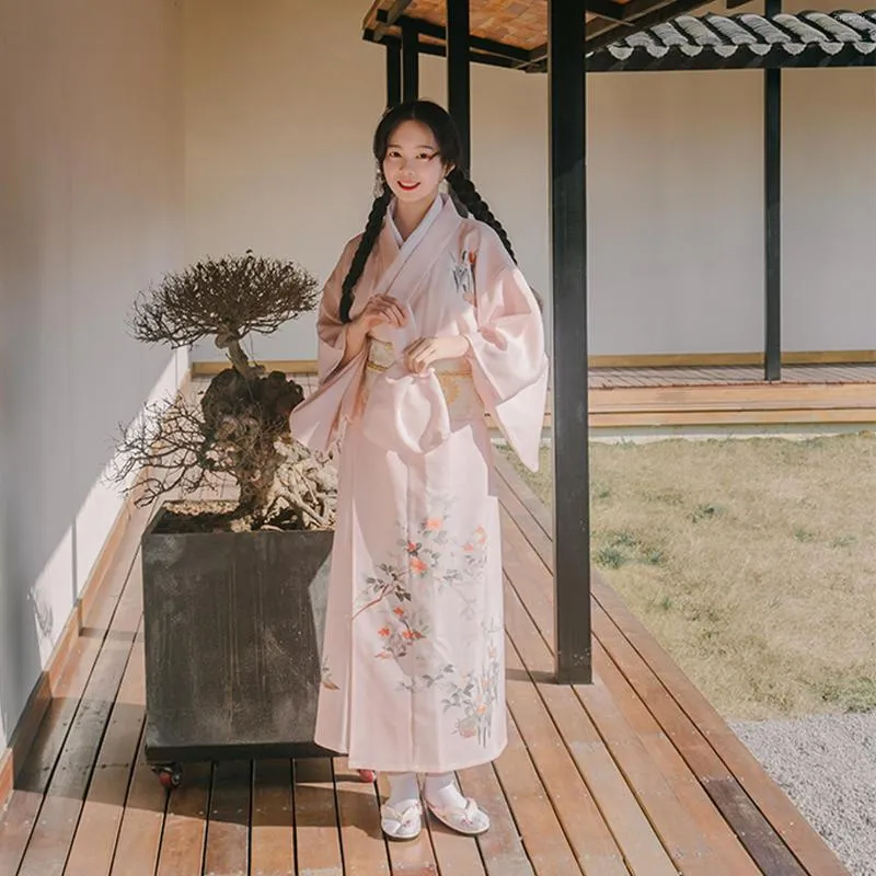 Etniska kläder Kvinnor Yukata Traditionell Japan Kimono Robe Pography Dress Cosplay Costume Pink Color Flower Prints Vintage