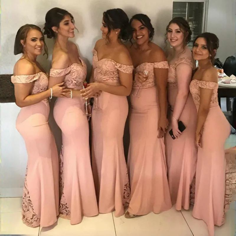 Vestidos de dama de honor con hombros descubiertos de color rosa, sirena de encaje hasta el suelo, vestido elegante para invitados de boda, niñas para novia, vestidos de fiesta formales africanos B139