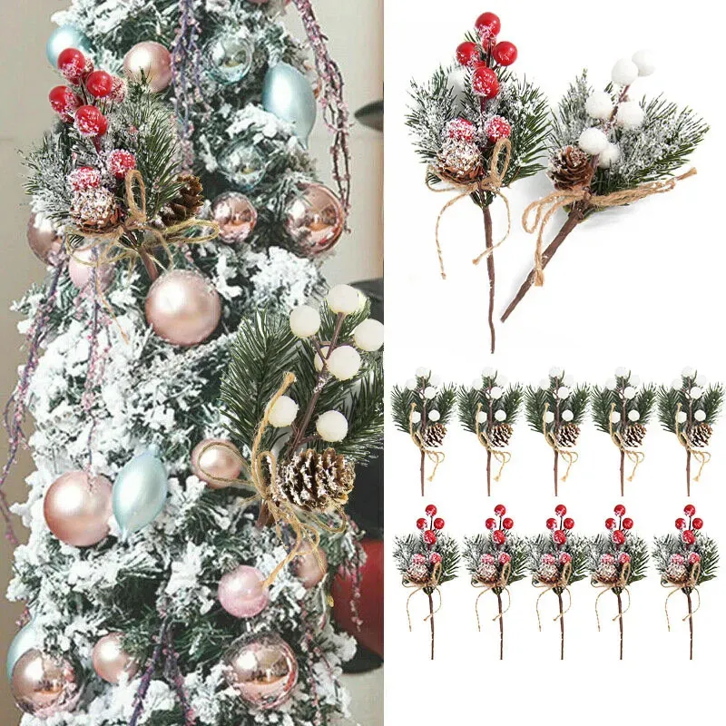 Julekorationer 5 -stycken Red Berry Art Flower Pine Tree Cone Branch Decoration Presentförpackning Hem Diy Wrench 231121