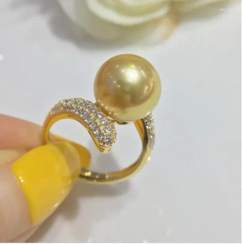 Cluster Rings Gorgeous Huge 11-10mm Round Natural South China Sea Gold Pearl Ring 925S