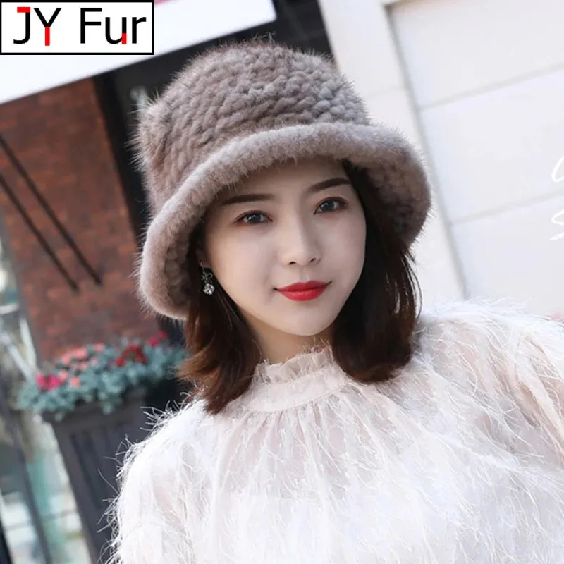 BeanieSkull Caps Woman Hat Winter Solid Mink With Flower Natural Fur Hats Russian Girl Soft Knitting Real Bucket 2023 Warm 231120