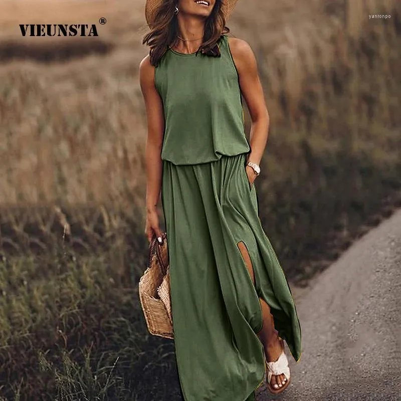 Casual Dresses 2023 Summer Women's Fashion Round Neck Sleeveless Spring Street Style Sexig delad Solid Commuter Long 4XL