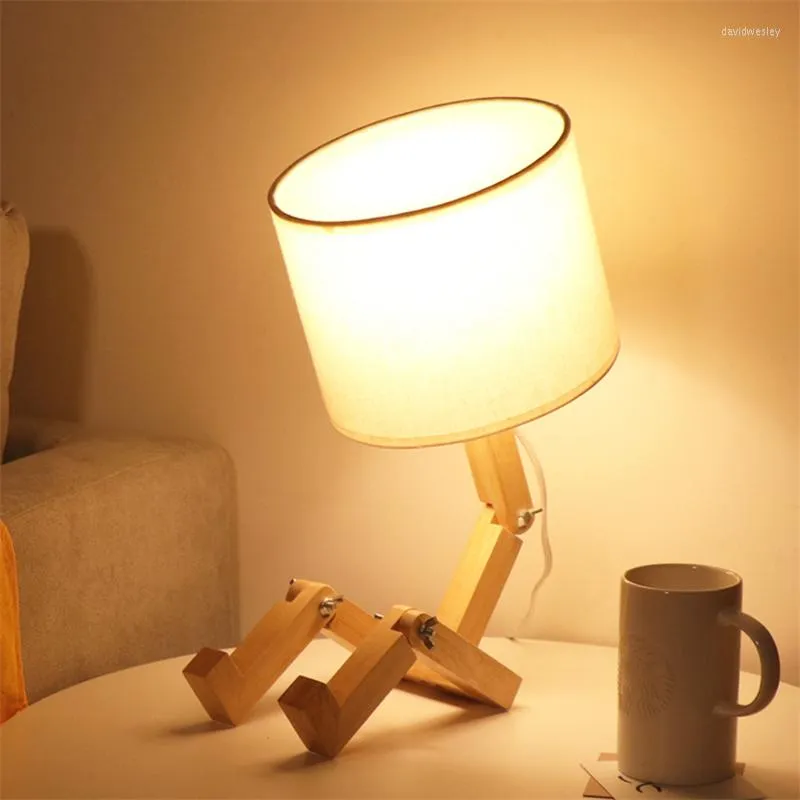 Table Lamps Modern Wooden Robot DIY E14 Lamp Holder AC110-240V Cloth Art Wood Desk Parlor Indoor Study Bedside Light