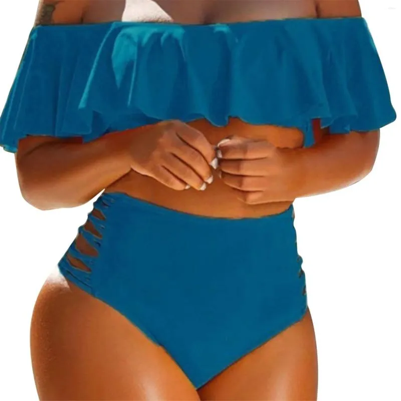 Costume da bagno da donna Costume da bagno diviso di grandi dimensioni con spalle scoperte Abbigliamento da spiaggia a vita alta con pantaloncini bikini con bordo arricciato per donna Set da 2 pezzi