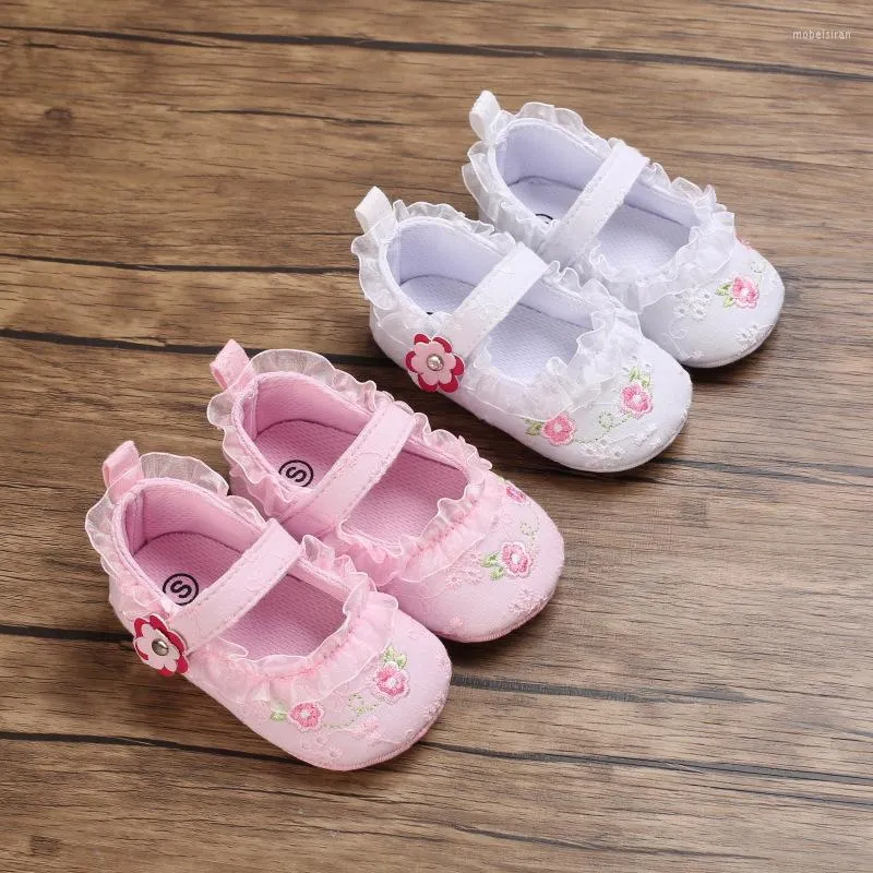 Lauflernschuhe für Babys, Mädchen, weiß, rosa, mit Blumen, bestickt, weiche Sohlen, Prewalker, zu Fuß, Kleinkind, lässig, für Kinder