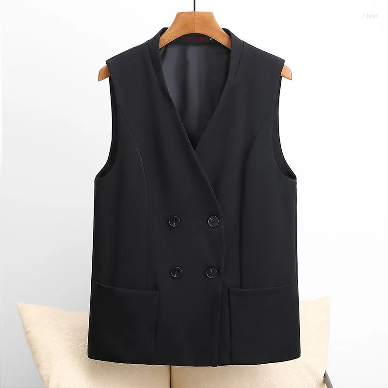 Женские жилеты #5251 Черный жилетный пальто рукавочный пиджак Женщины с двойной грудью стройной повседневной жиле