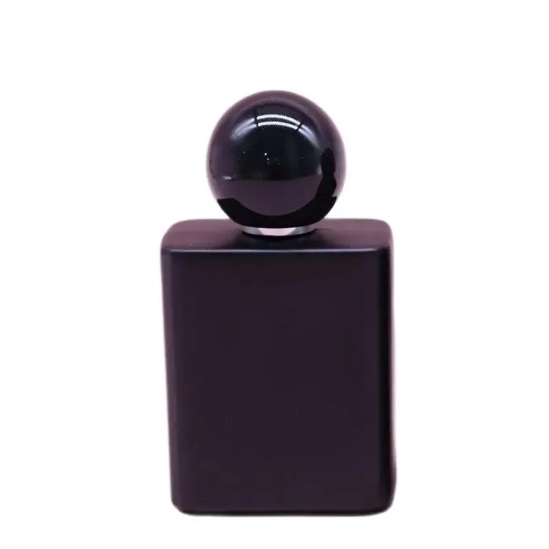 Bouteille d'atomiseur noir mat 50 ml, pompe à vis argentée, couvercle en forme de boule, verre carré plat, emballage cosmétique, parfum, bouteilles de brume vides rechargeables