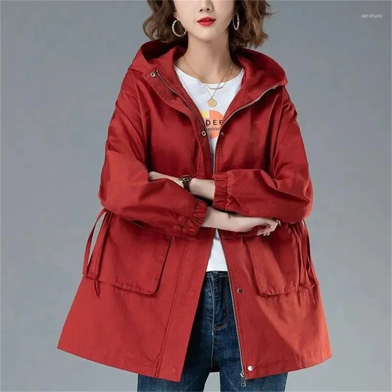 Trench da donna Cappotto antivento Primavera. Autunno 2024 Giacca a vento coreana allentata casual di fascia alta di media lunghezza con cappuccio