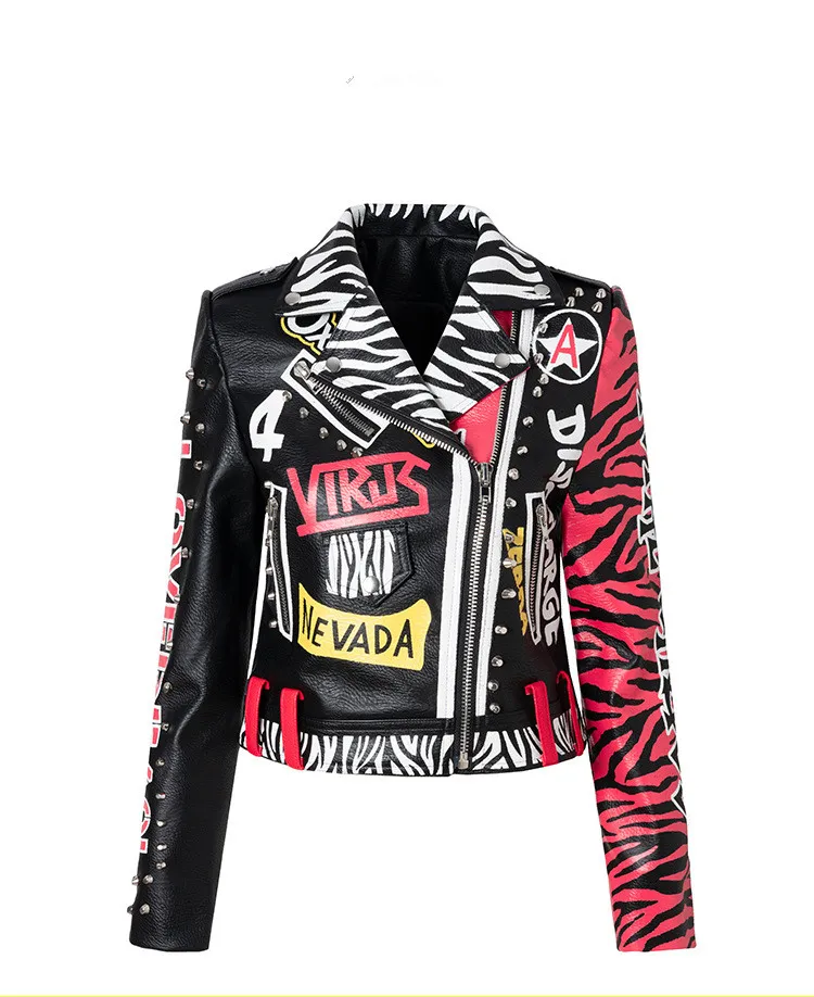 Women's Pu Leather Jackets Graffiti Floral Letter Print Doodle Punk Motorcycle Biker Zip Rivet Tassel Chain Waist Woman's Coats Contrast Color Outerwear 8836