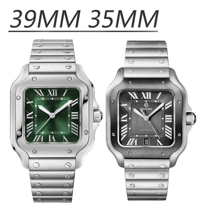 Mens Square Watch Renoj 39mm 35mm Süper Fabrika Lüks Tasarımcı Klasik Moda Otomatik Mekanik Saat Paslanmaz Çelik Kayış Klasik Toka Montre De Luxe