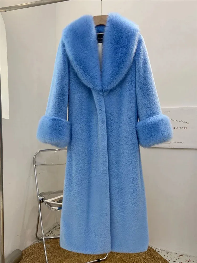 Cappotto da donna in pelliccia di visone finto collo di volpe lungo spesso blu di alta qualità moda invernale bianco caldo abbigliamento anti-freddo 231121