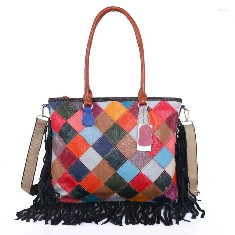 Evening Bags Women's High Quality Casual Design Colorful Handbag Shoulder Bag Ladies Color Block Tote BagTassel Real Leather