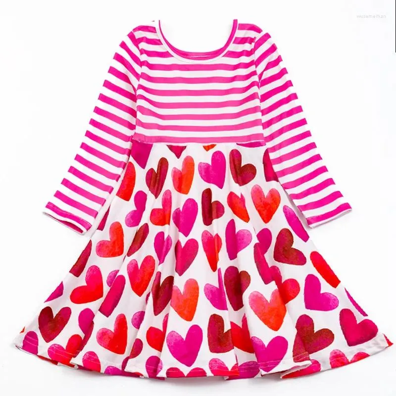 Robes de fille exclusives Girlymax printemps Saint Valentin bébé filles vêtements pour enfants amour coeur robe imprimée à rayures longueur au genou à manches longues