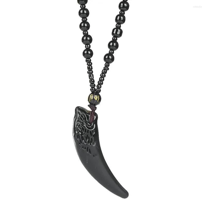 Anhänger Halsketten Natürlicher Obsidian Carving Wolf Tooth Form Schwarz Spacer Perlen Kette Halskette Crescent Moon Unisex Paar Charms Schmuck