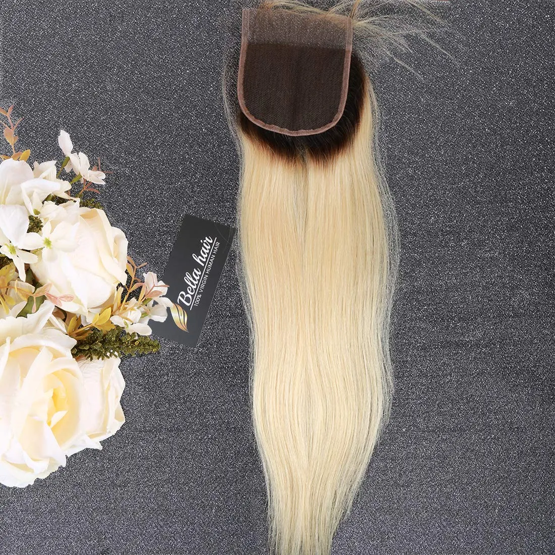 Bella Hair Silky Straight 1B/613 Dark Roots Blonde Lace Closure Remy Virgin Human Hair Closure Piece Free Part Ombre Blonde Two Tone Lace Closures with Baby Hair Goals