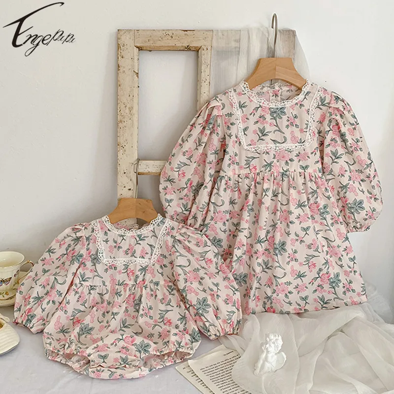 Rompers tryckt flickor Systerkläder Kids Långärmar Klänning Spädbarn Baby Girls Floral Rompers Jumpsuit Spring Autumn Girls Party Costume 230421