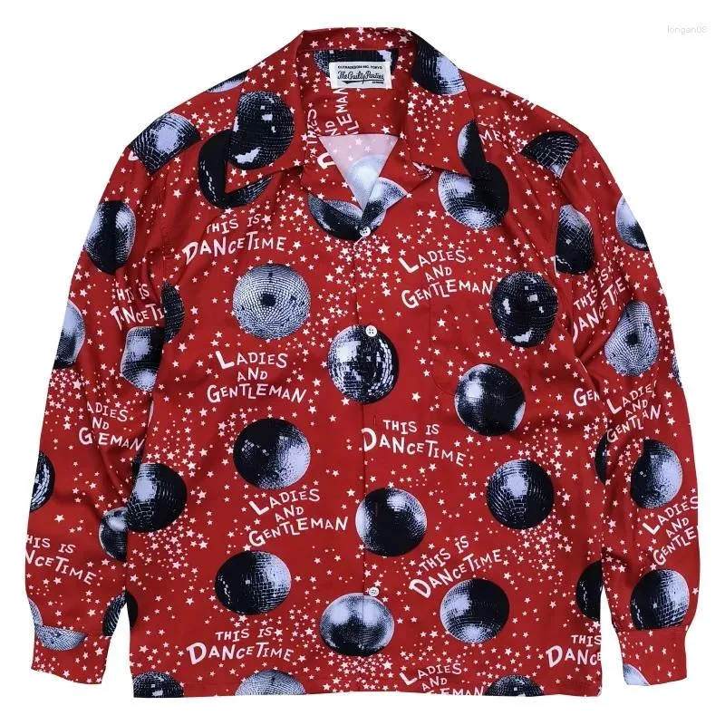 Camisas casuales para hombres WACKO MARIA DISCO Mirrorball Pattern T-shirt Hawaii Loose Fit Cuello cubano para hombre para mujer Rojo Negro Camisa de manga larga