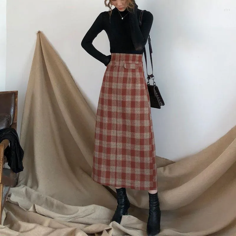 Skirts Plus Size High Waist Long Wool Plaid Skirt For Women Red Warm Elegant Office Lady Vintage Autumn Winter Maxi