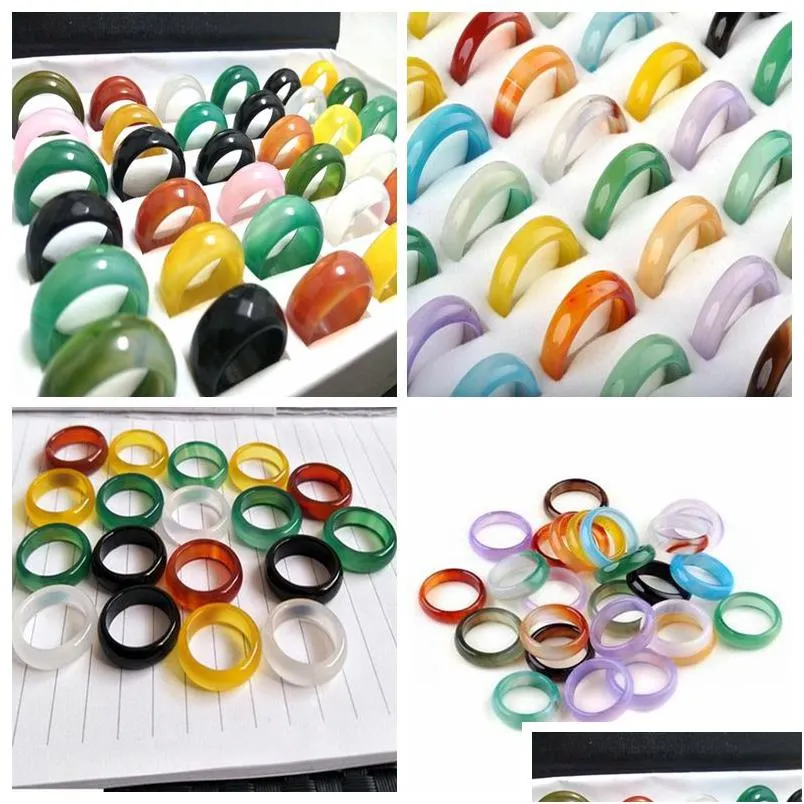 Ringas de banda por atacado 50pcs 6mm 8mm de jóias de moda ágata mti anel de pedra colorido para homem mulheres entrega dhgarden dhaju