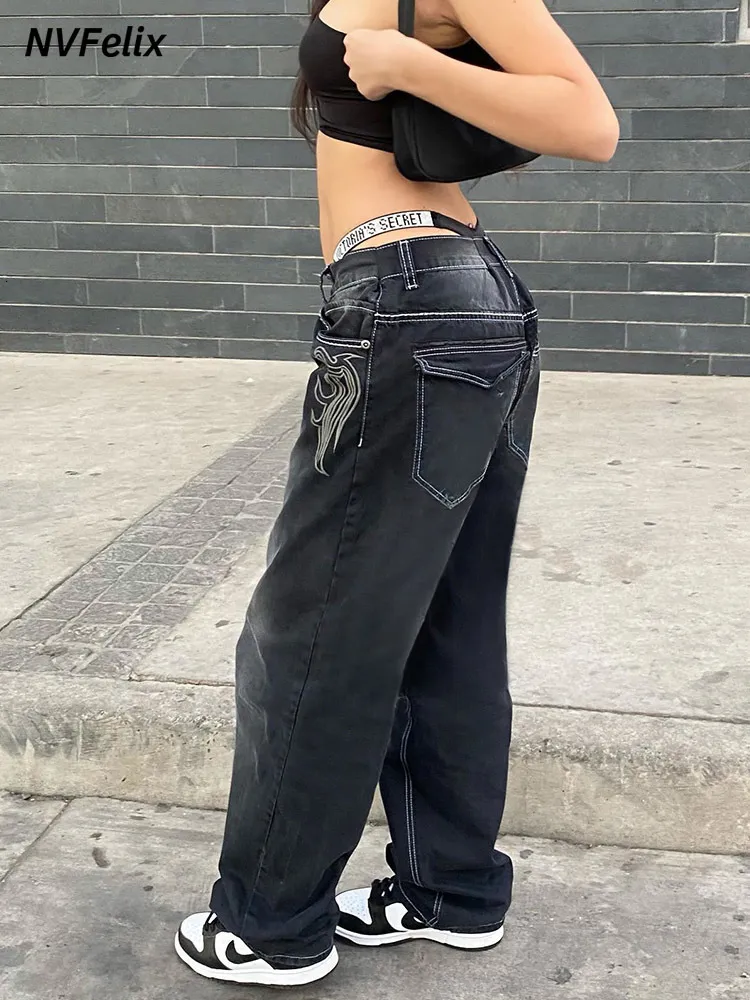 Pantalones vaqueros de mujer Harajuku Impreso Cargo Jeans Y2K Azul oscuro Marrón Cintura alta Streetwear 90S Pantalones holgados Pantalones de mujer Pantalones rectos de pierna ancha 230421