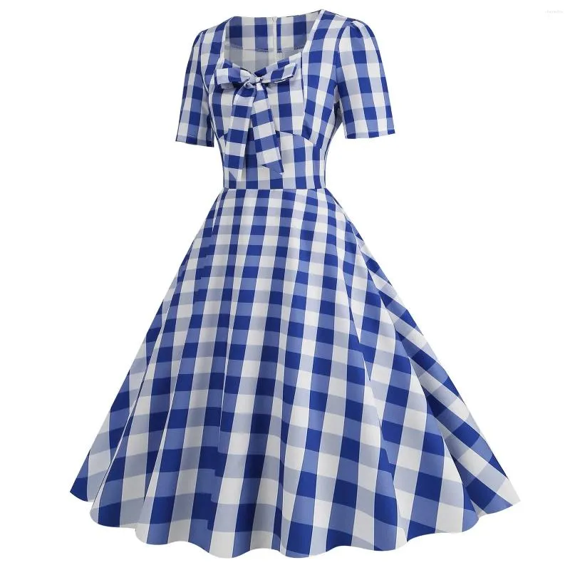 Vestidos casuais verão primavera moda azul branco xadrez camisa vestido para mulheres elegante manga curta faixas rendas até vintage midi vestidos