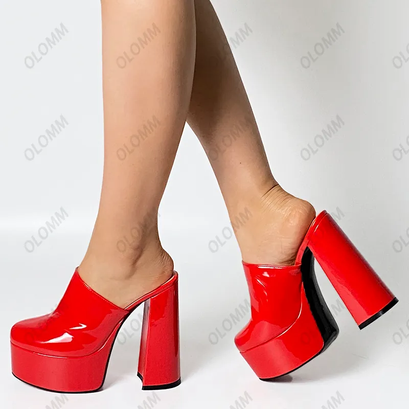 Olomm chaud à la main femmes plate-forme pompes brevet bloc talons bout rond magnifique rouge blanc rose boîte de nuit chaussures femmes taille américaine 5-15